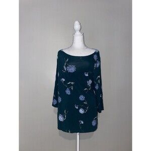 ANN TAYLOR L Emerald Green Blue Floral Blouse Cottagecore Whimsical